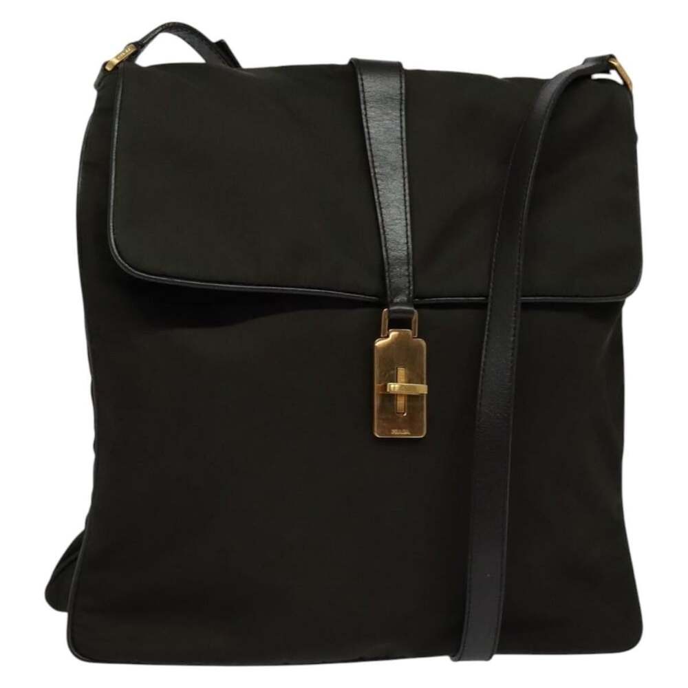 Prada Nylon Khaki Gold Shoulder Bag Black